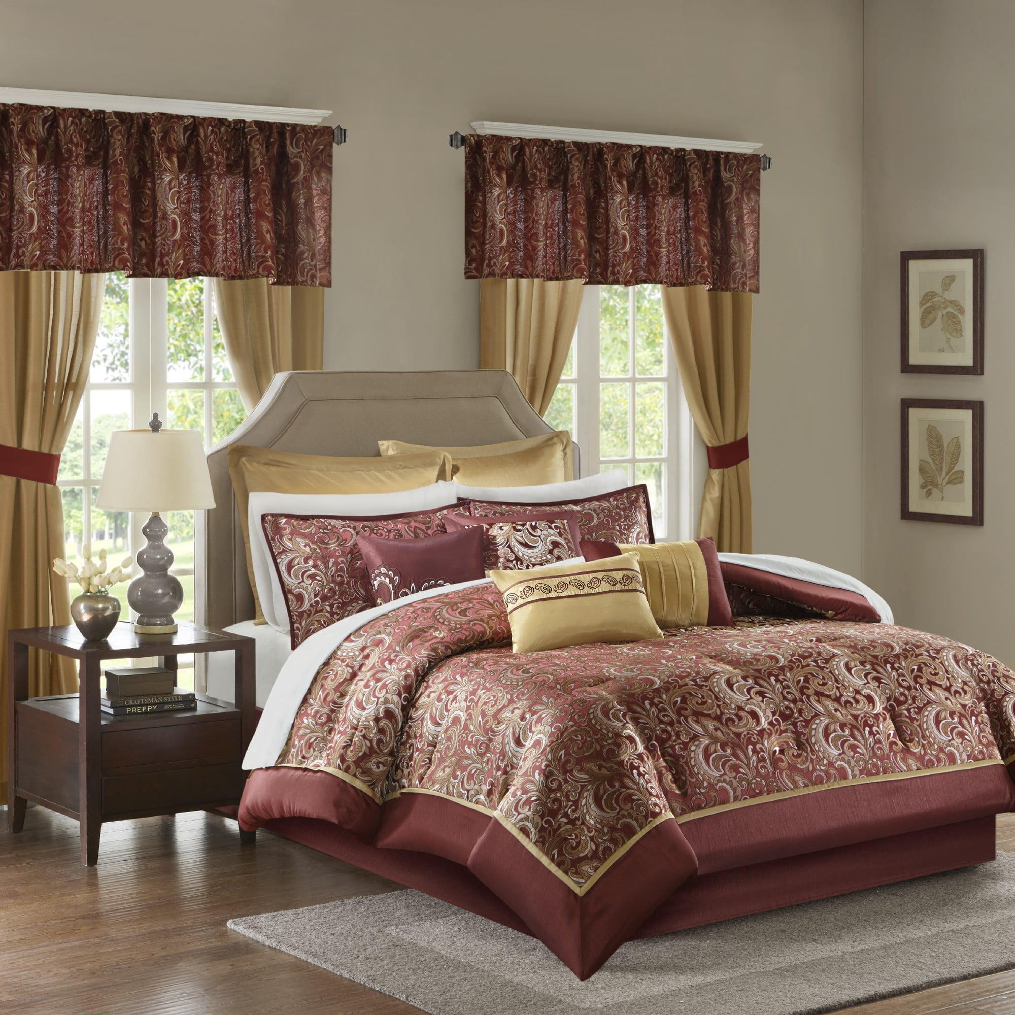 Madison Park Luxury 24PCs Comforter Set with Window Curtains,Room in a Bag,24 pieces-Red,Queen