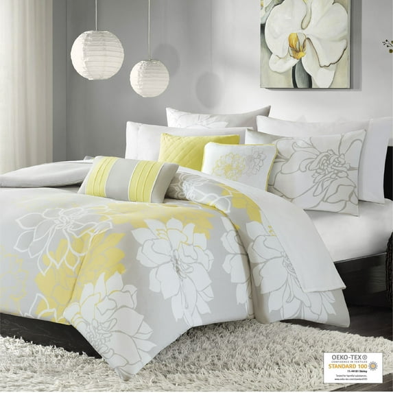 Home Essence Jane 6 Piece Cotton Printed Duvet Cover Set Grey/Yellow King/Cal King