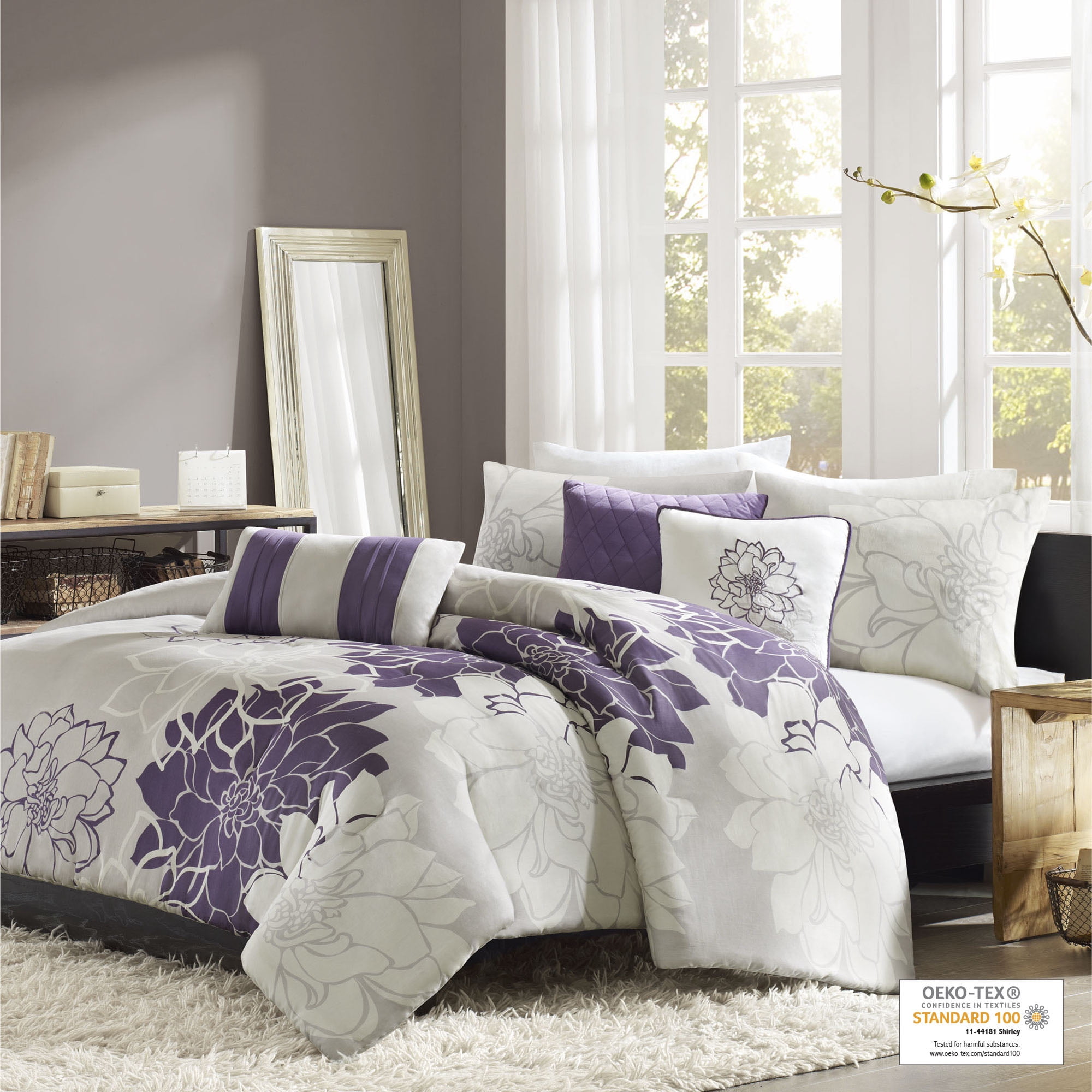 Purple and Grey Floral Cotton Full/Queen Duvet Cover Set