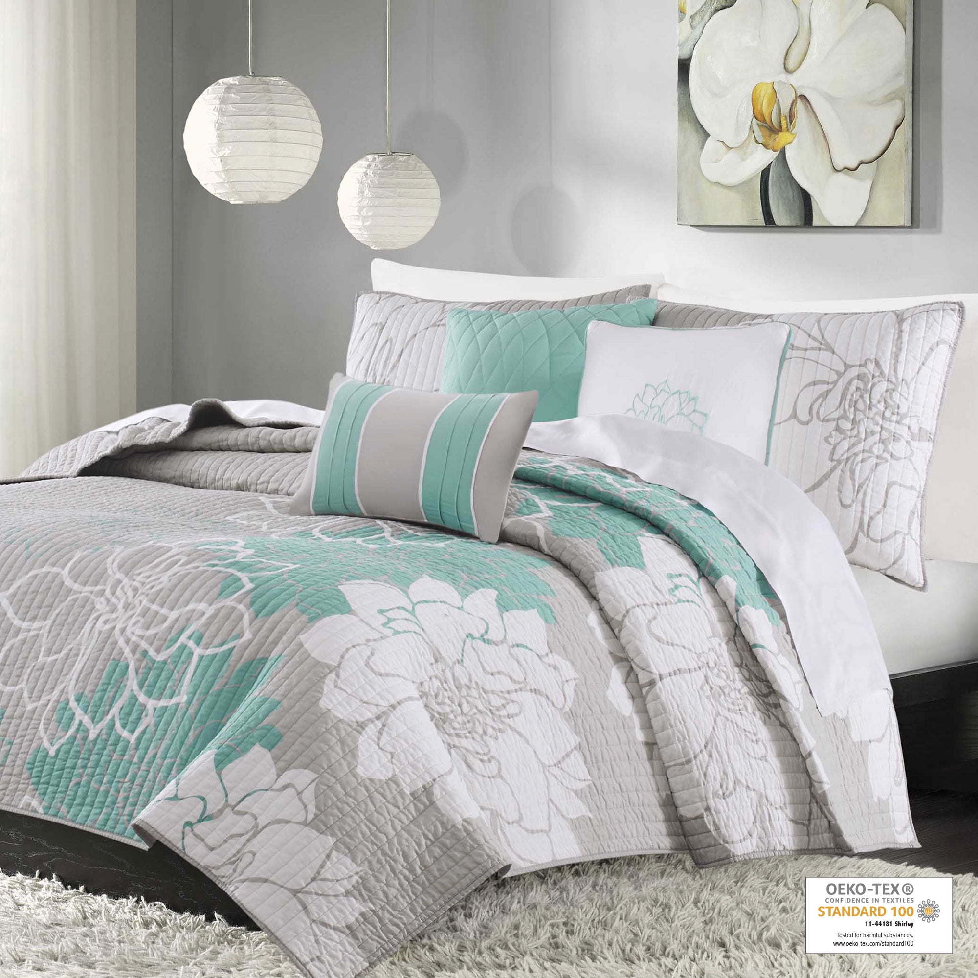 Aqua Floral Cotton Sateen King Comforter Set