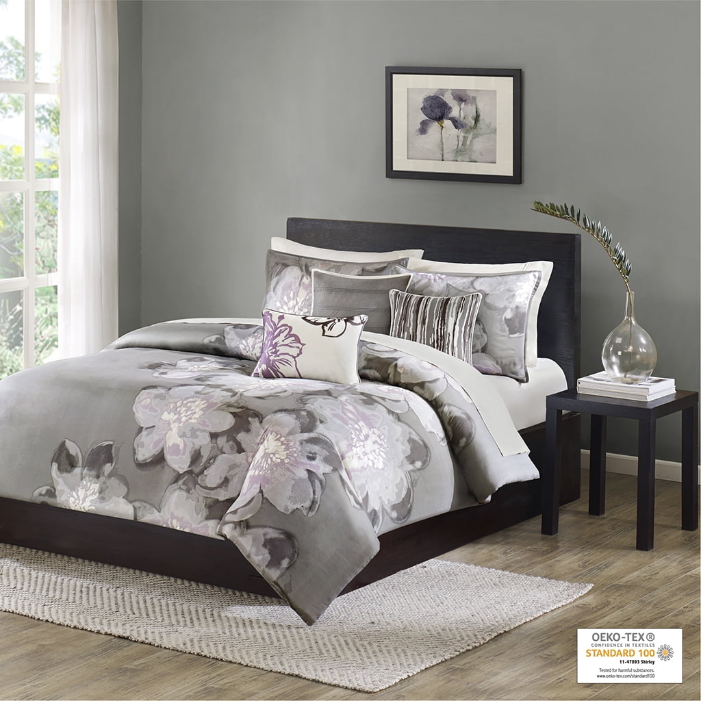 King Gray Cotton Floral 6-Piece Duvet Cover Set