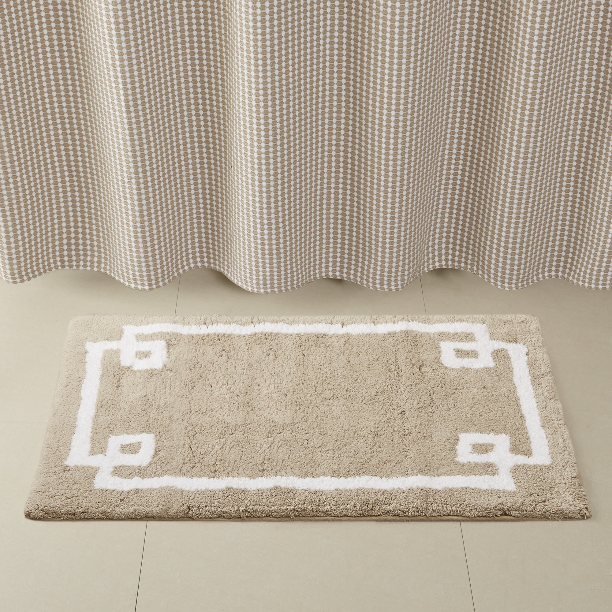 Beige Cotton Tufted Geometric Border Bath Rug