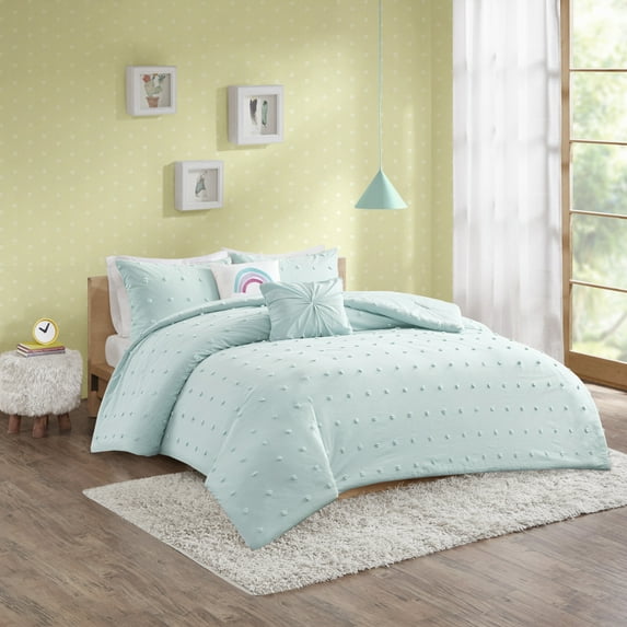 Home Essence Kelsey Cotton Jacquard Pom Pom Aqua 4 Piece Comforter Set, Twin