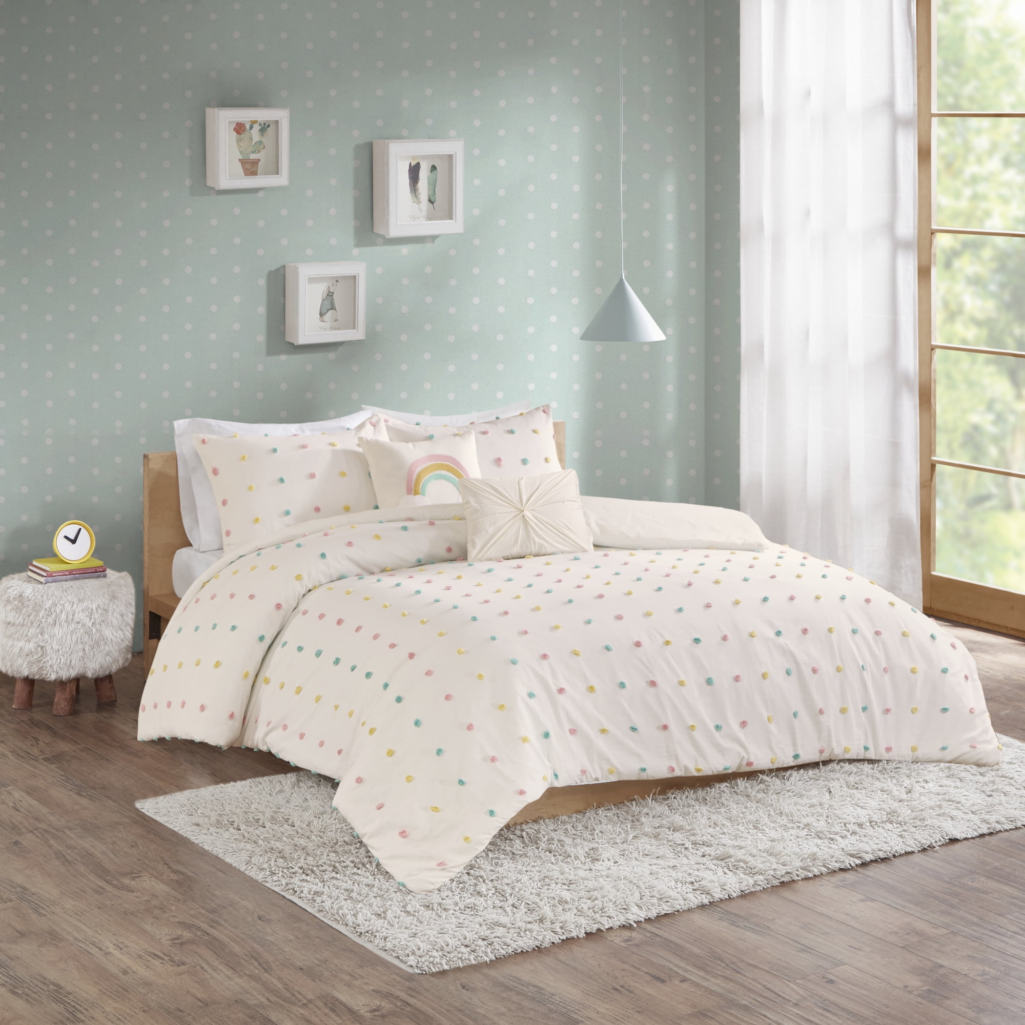 Full Multicolor Cotton Jacquard Pom Pom Comforter Set