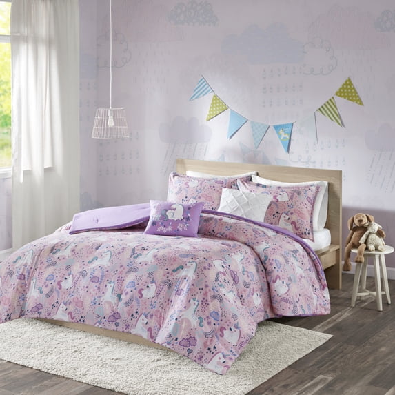 Home Essence Kids Unicorn 4-Piece Cotton Printed Polyester Filled Comforter Set, Pink, Twin