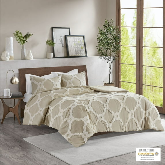 Home Essence Leena 3 piece Tufted Cotton Comforter set, Full/Queen, Taupe