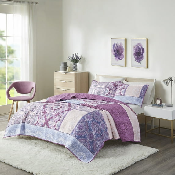 Home Essence Lena Purple Medallion Reversible 3 Piece Cotton Coverlet Set, Full/Queen