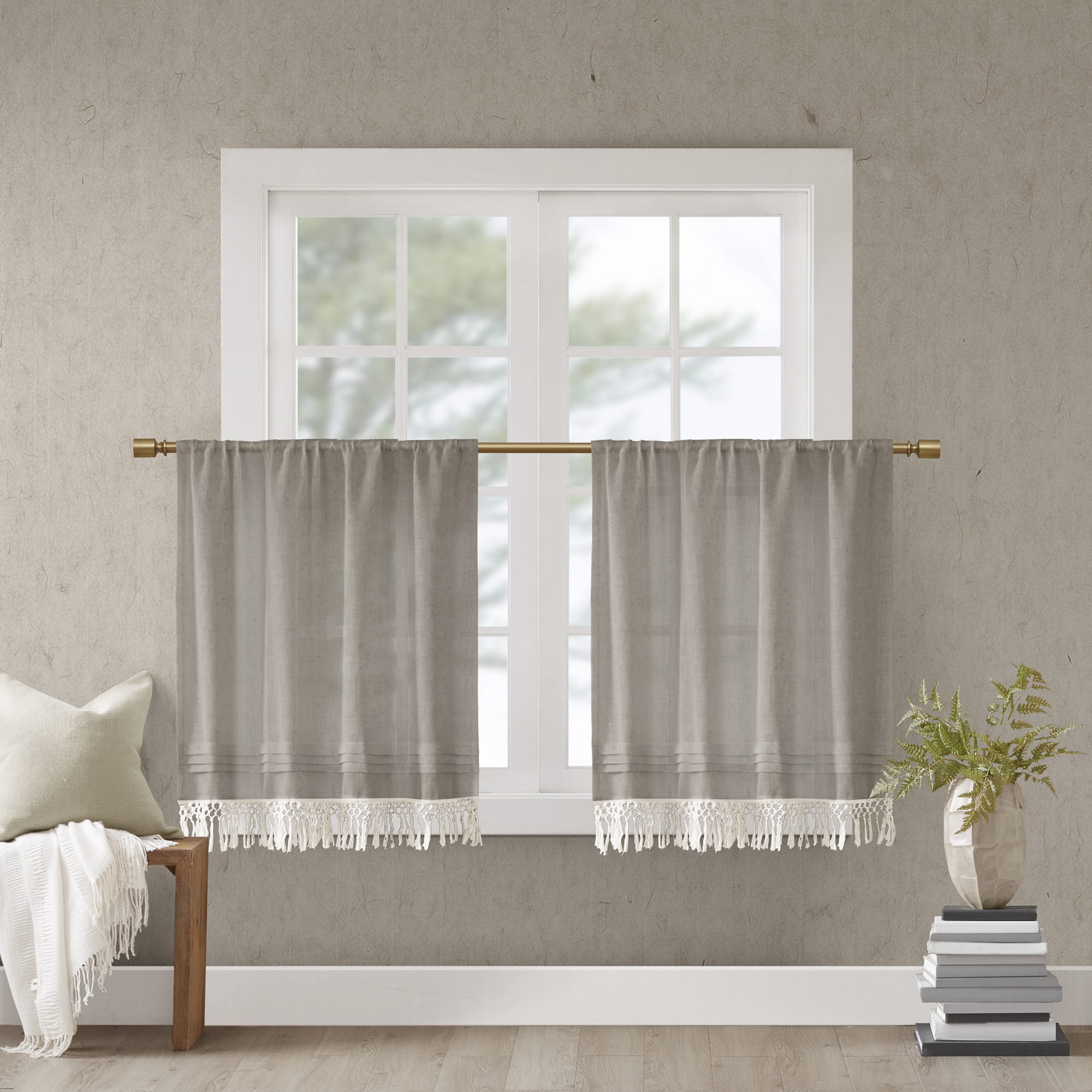Home Essence Maisy Faux Linen Rod Pocket Kitchen Tier With Tassel Trim ...
