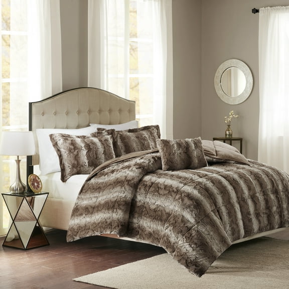 Madison Park Zuri 4PC Faux Fur Comforter Set, Full/Queen - Brown, Adult, All-Season
