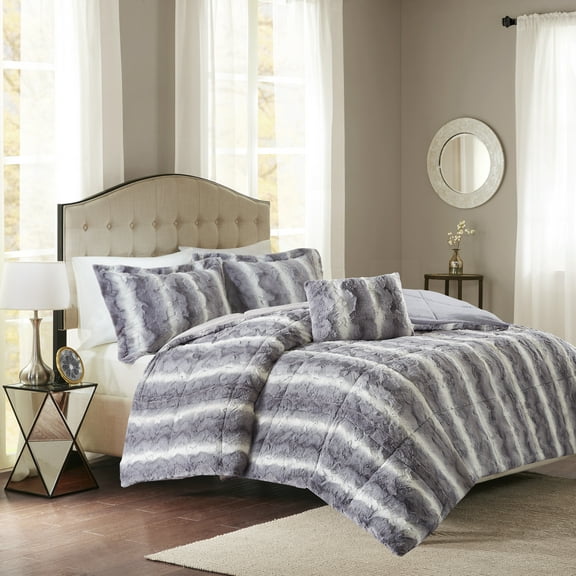 Faux Fur Comforter Set-Color:Grey,Size:Full/Queen