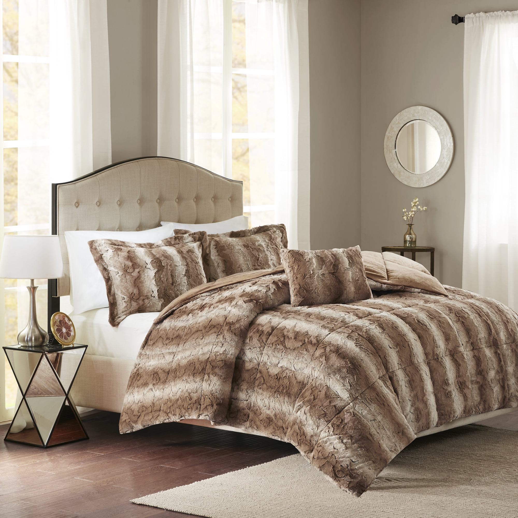Tan King Faux Fur Down Alternative Comforter Set