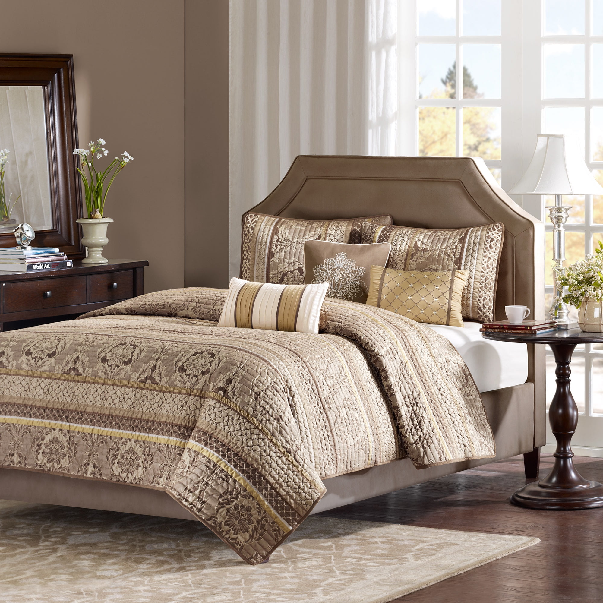 Full Brown Reversible Jacquard Coverlet Set with Shams and Pillows