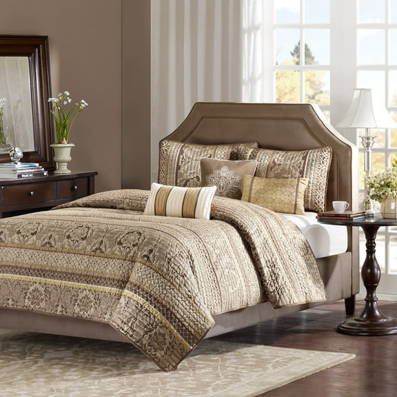 Home Essence Mirage 6 Piece Jacquard Quilted Coverlet Set - Brown/Gold, Full/Queen