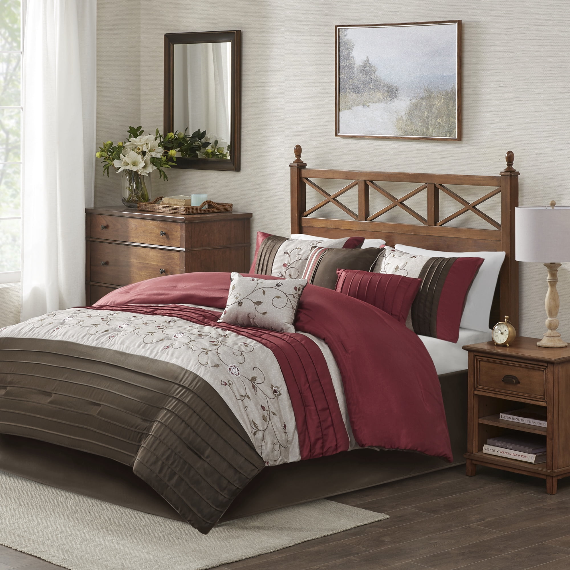 King Red Reversible 7-Piece Embroidered Bedspread Set
