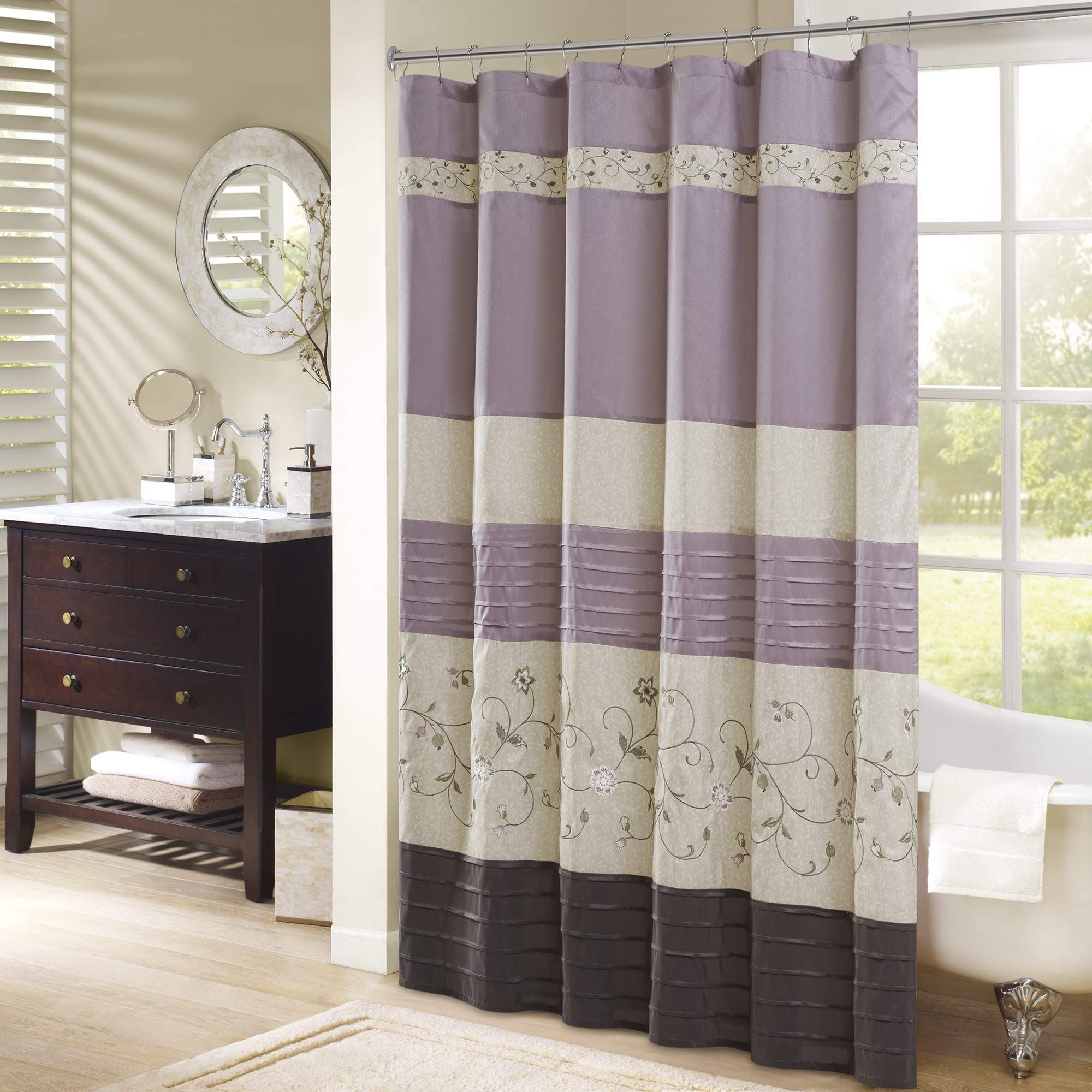 Purple Faux Silk Embroidered Floral Shower Curtain