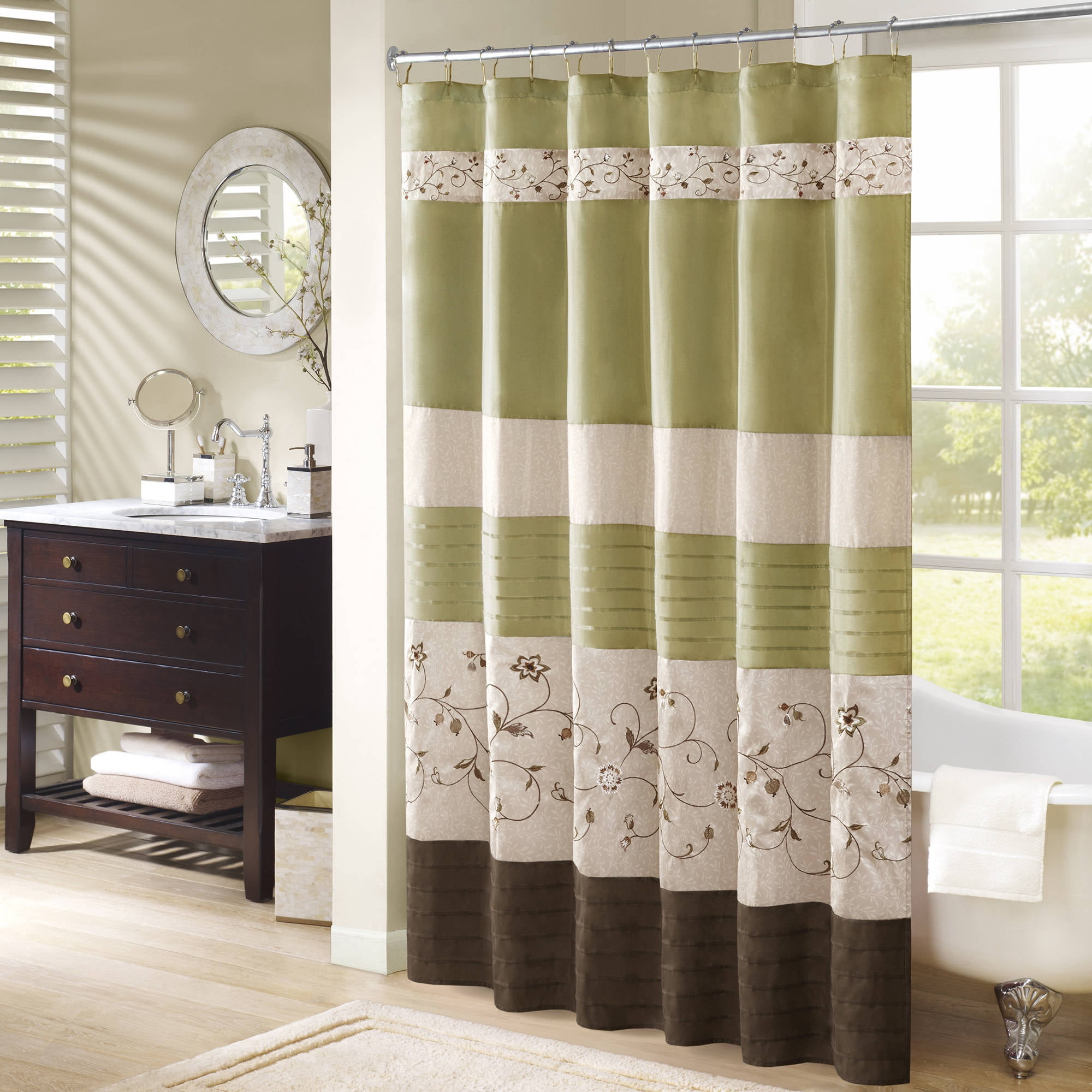 Green and Beige Faux Silk Embroidered Floral Shower Curtain