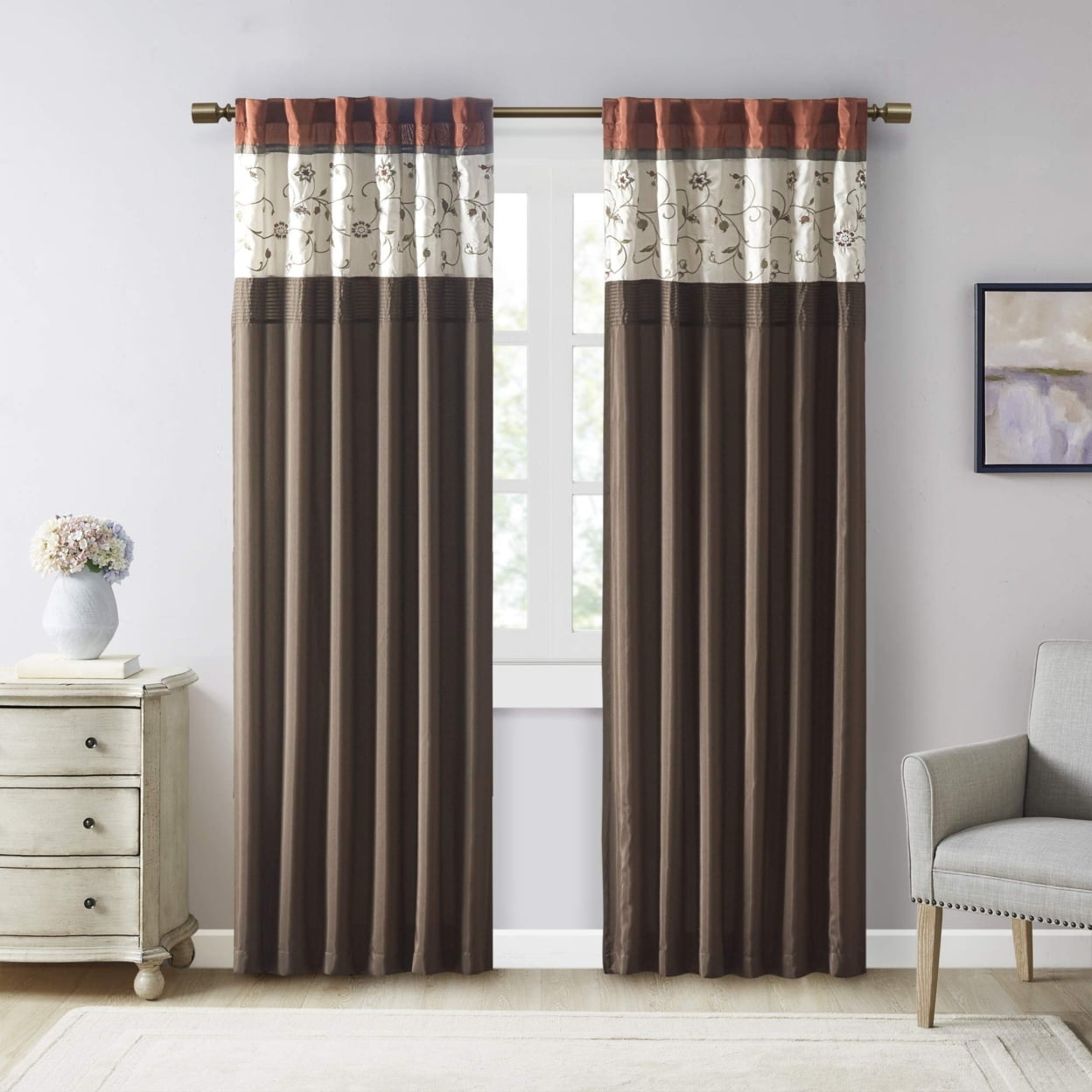 Spice Embroidered Ground Length Blackout Curtain Panel