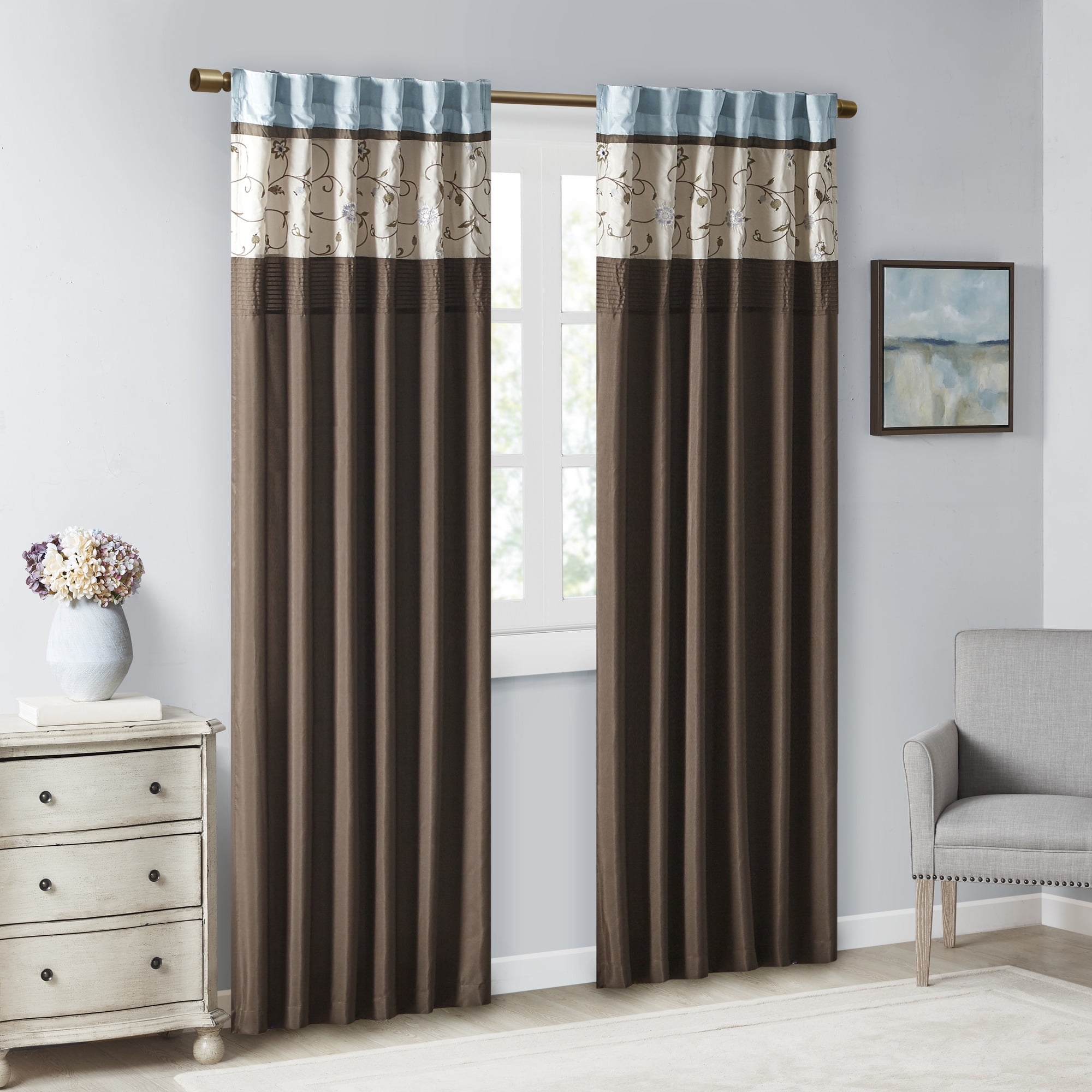 Blue Embroidered Light-Filtering Pleated Curtain Panel
