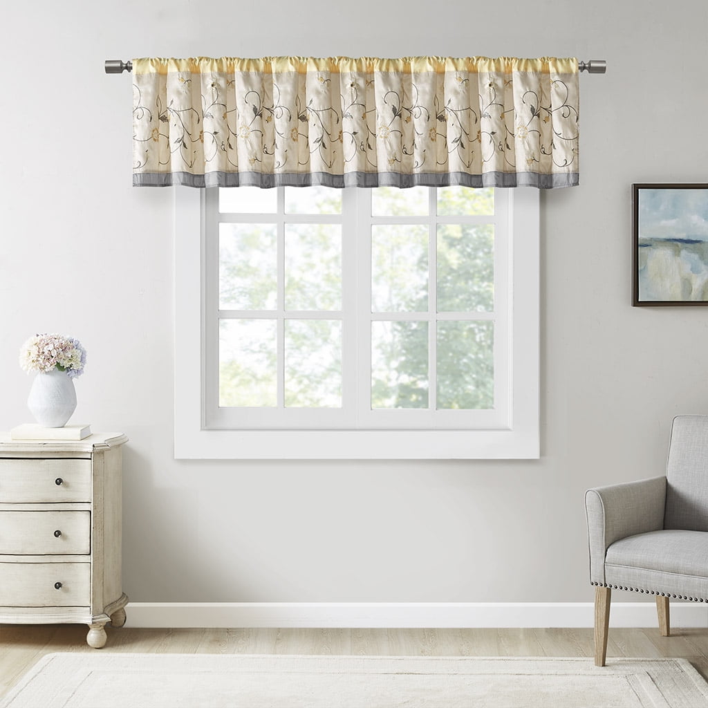 Yellow Floral Embroidered Rod Pocket Window Valance