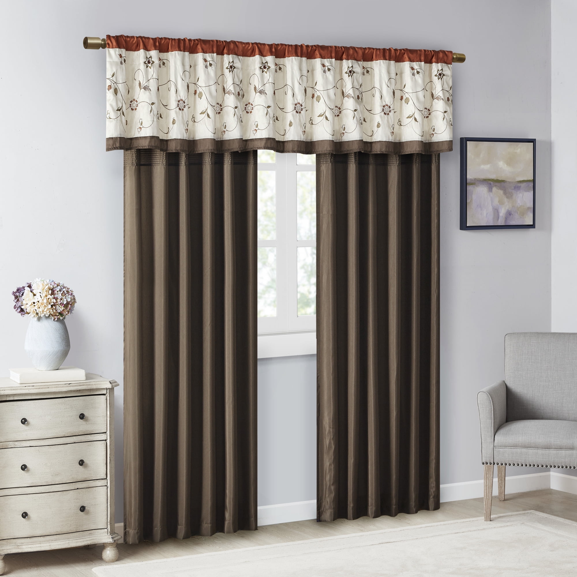 Spice Floral Embroidered Light Filtering Rod Pocket Valance