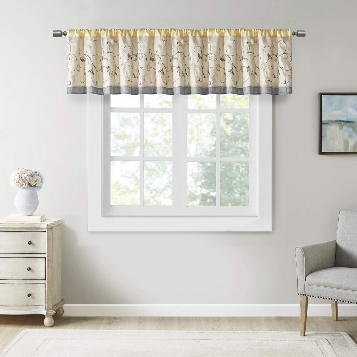 Yellow Floral Embroidered Rod Pocket Window Valance