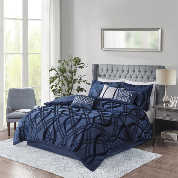 Home Essence Morgan 7 Piece Velvet Comforter Set, Queen, Navy