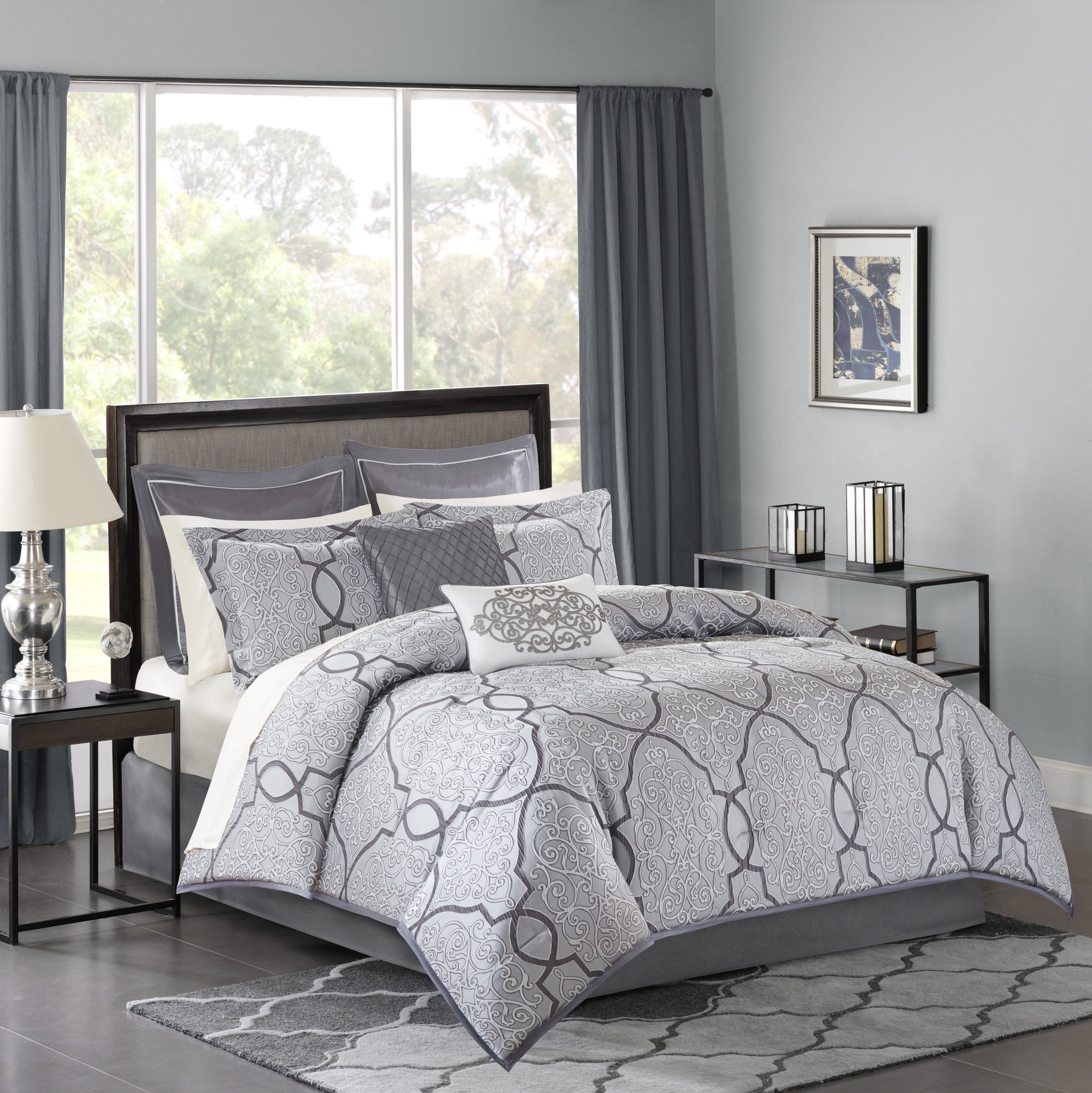 Lavine Queen Gray Cotton 12-Piece Bed in a Bag Set
