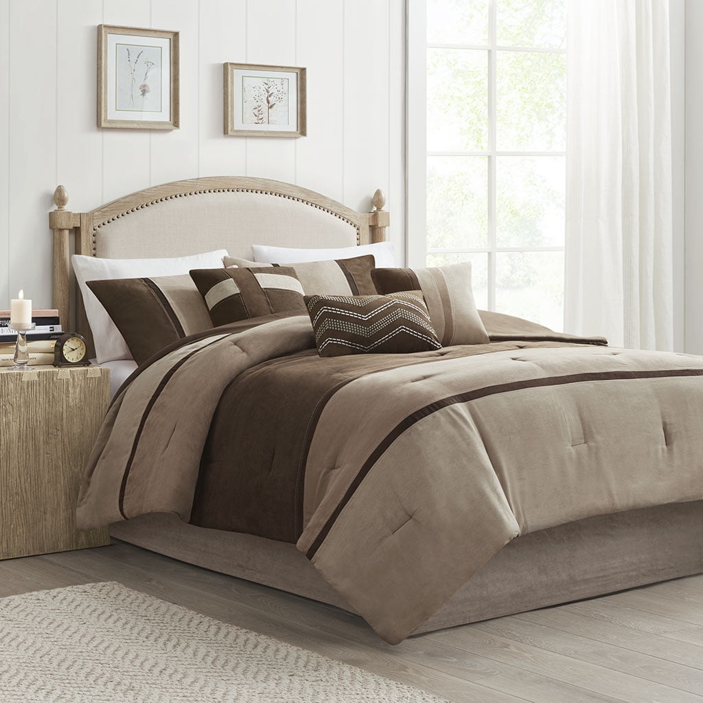 California King Brown Faux Suede Comforter Set with Decorative Pillows