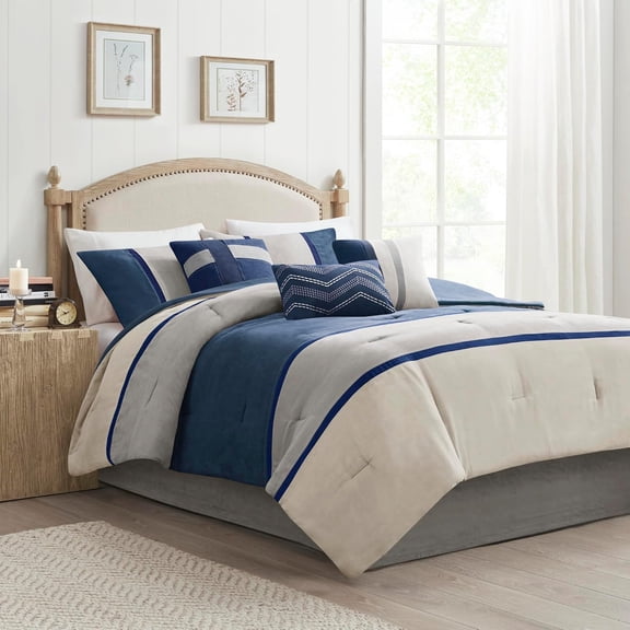 Madison Park King Size 7 Piece Faux Suede Comforter Set Blue,Bed in a Bag,All Season Bed Set,Cozy and Lightweight
