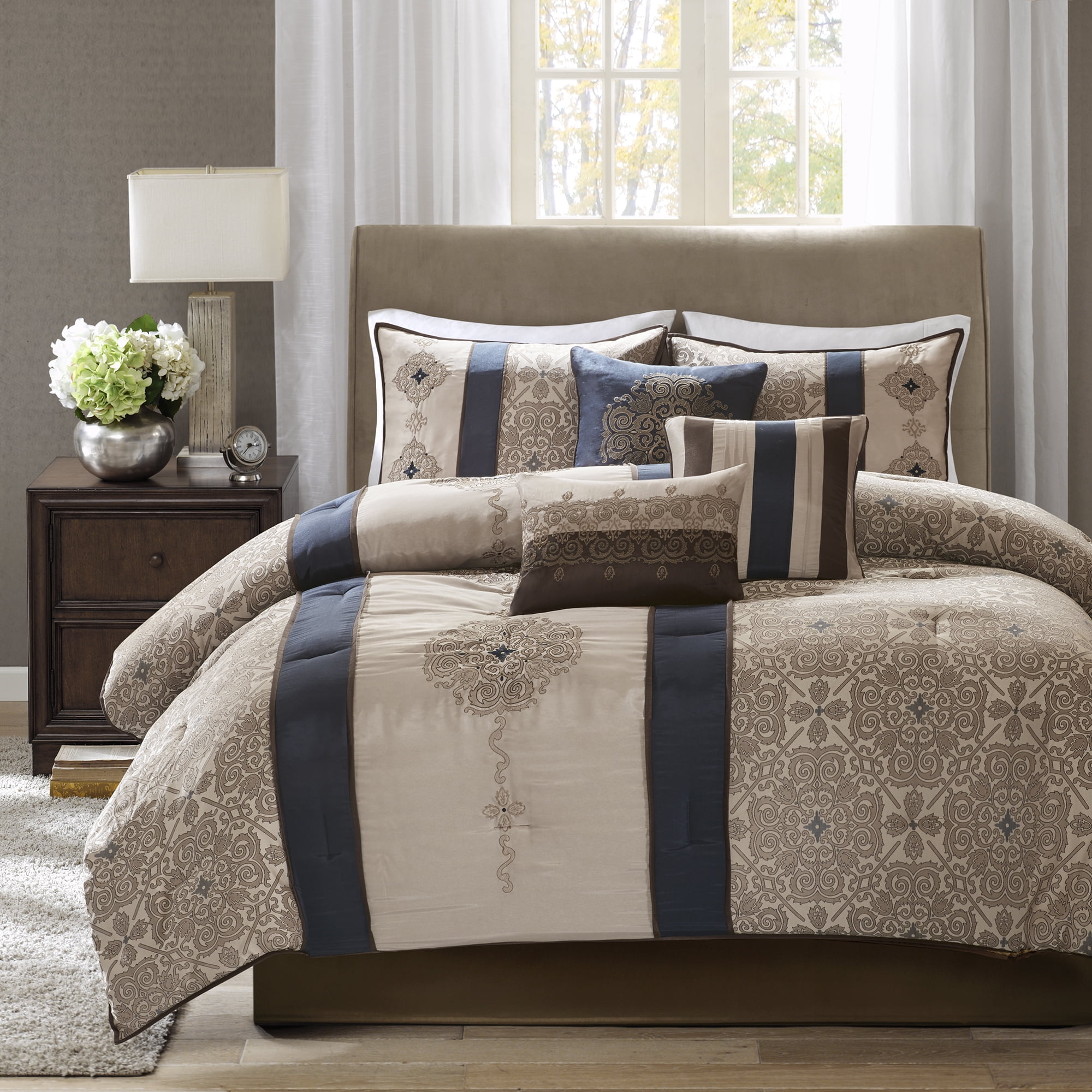 Navy and Taupe Jacquard King Comforter Set with Decorative Pillows