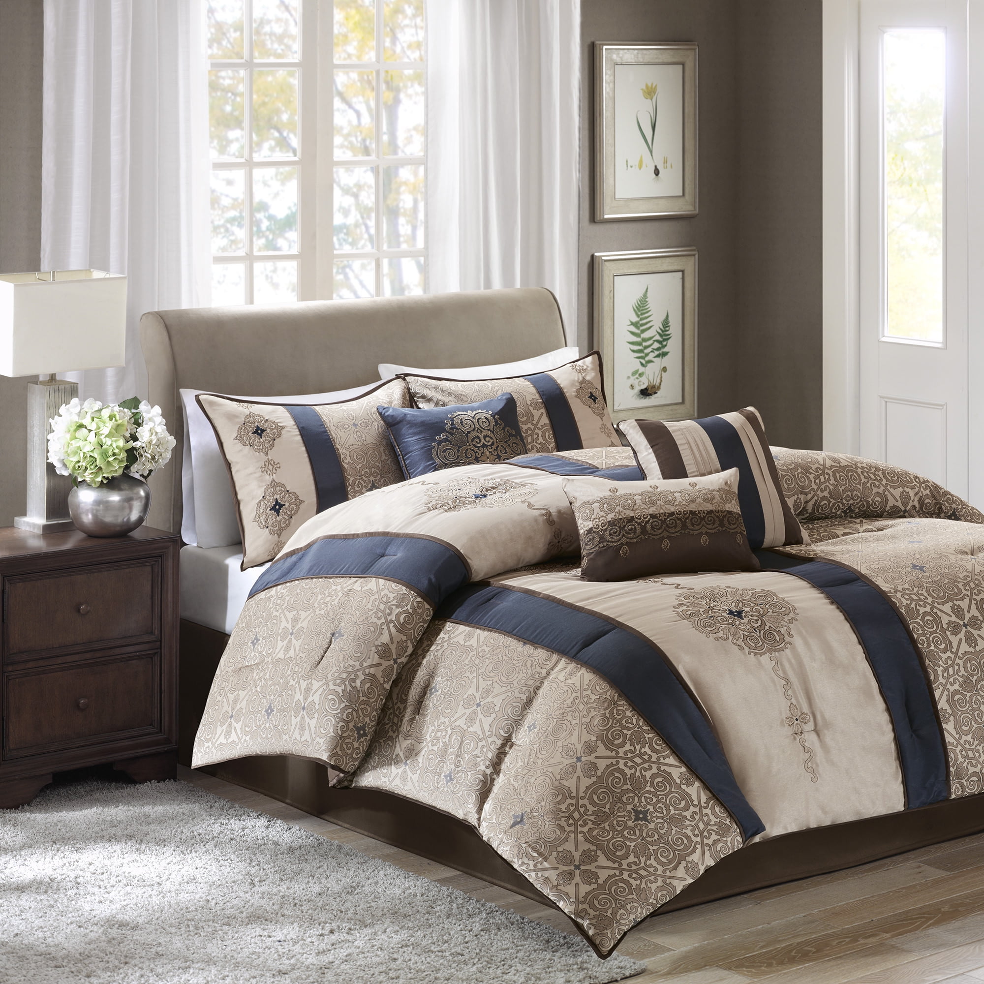 California King Navy Jacquard Comforter Set with Decorative Pillows