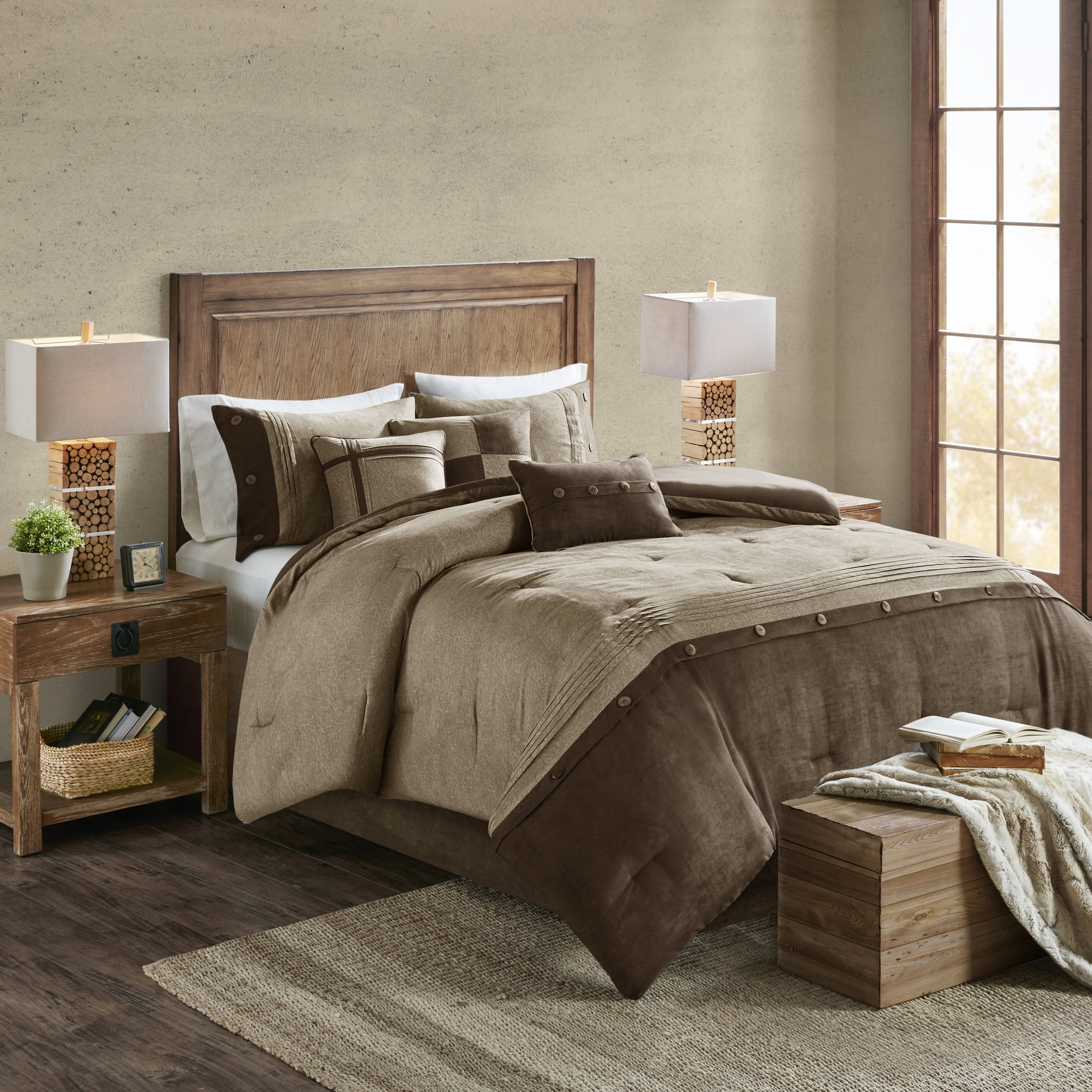 Home Essence Powell 7 Piece Faux Suede Comforter Set, Cal King, Brown 