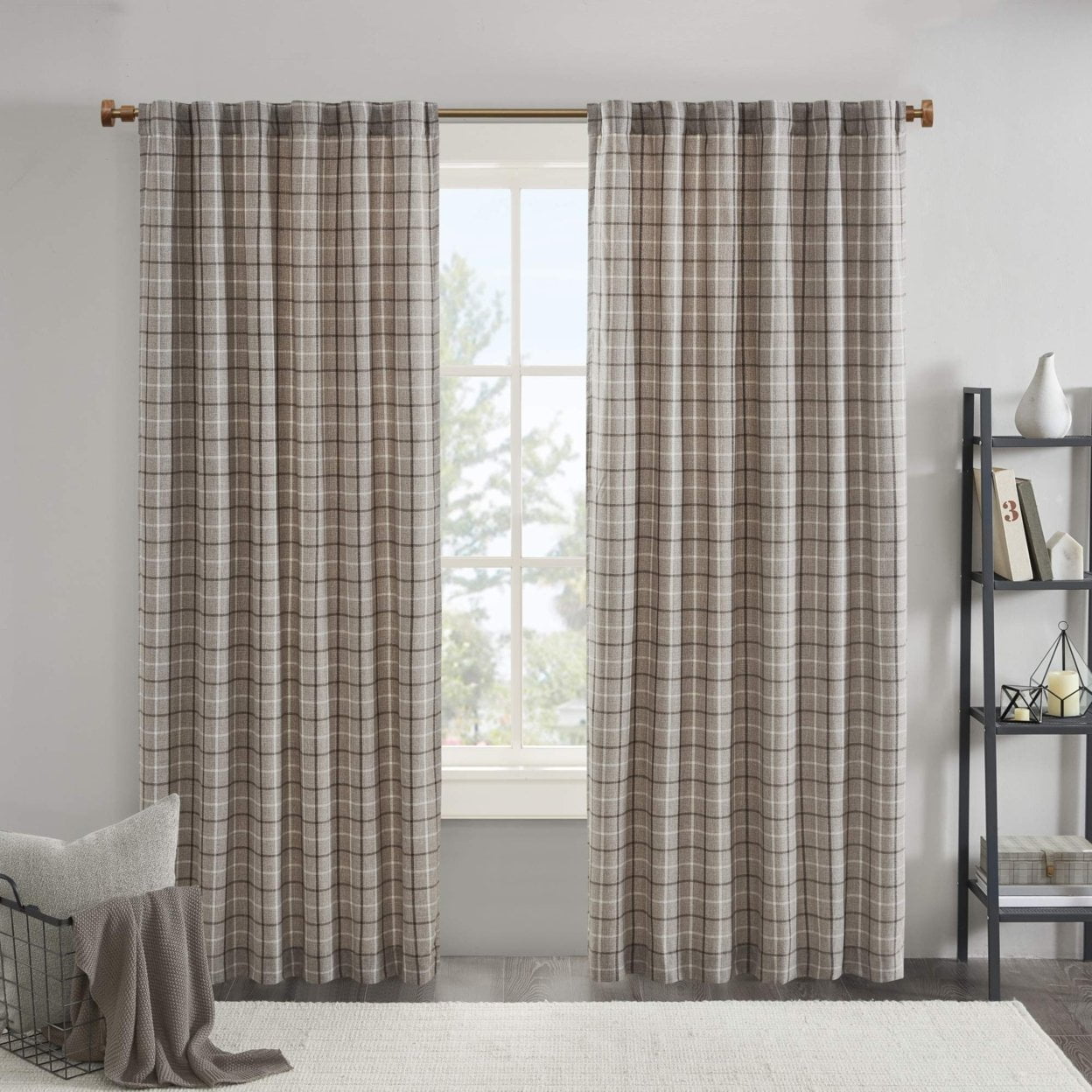 Greige Plaid Light-Filtering Polyester Drapes with Fleece Lining