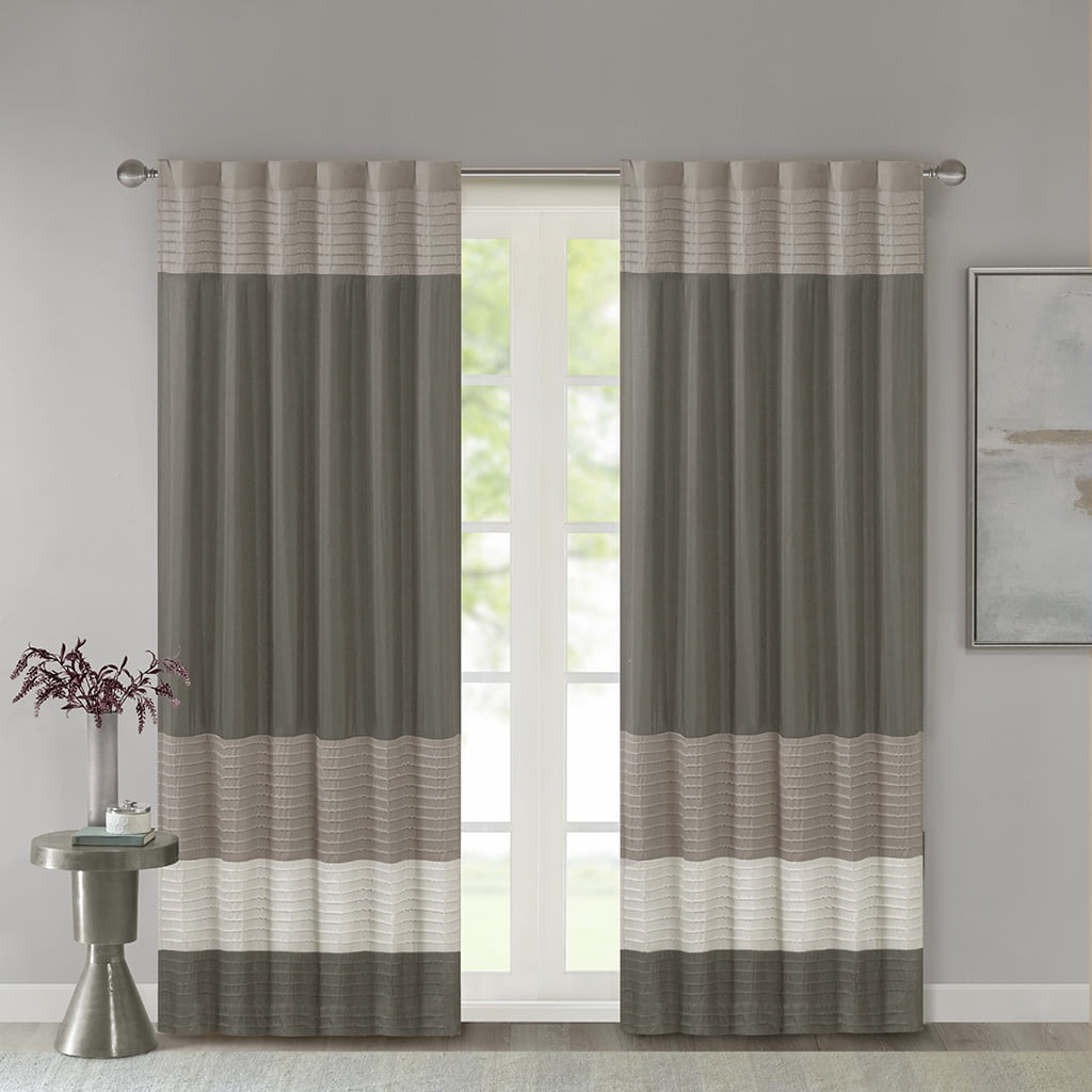 Ivory and Taupe Faux Silk Light-Filtering Curtain Panel
