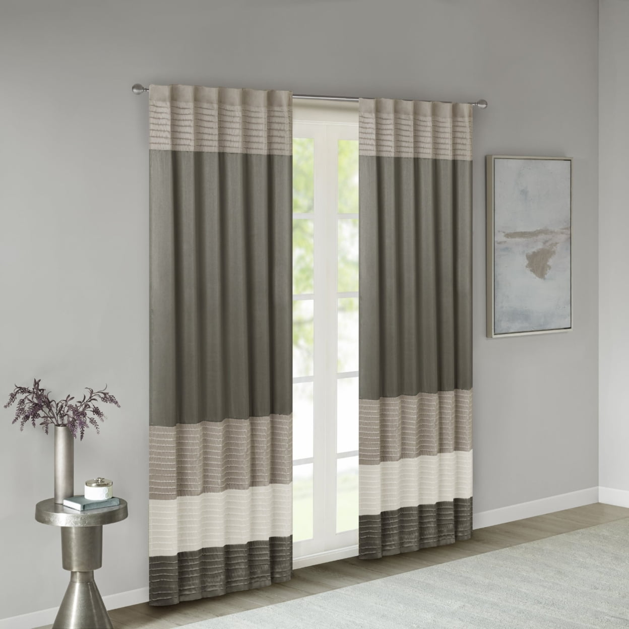 Ivory and Taupe Faux Silk Light-Filtering Curtain Panel