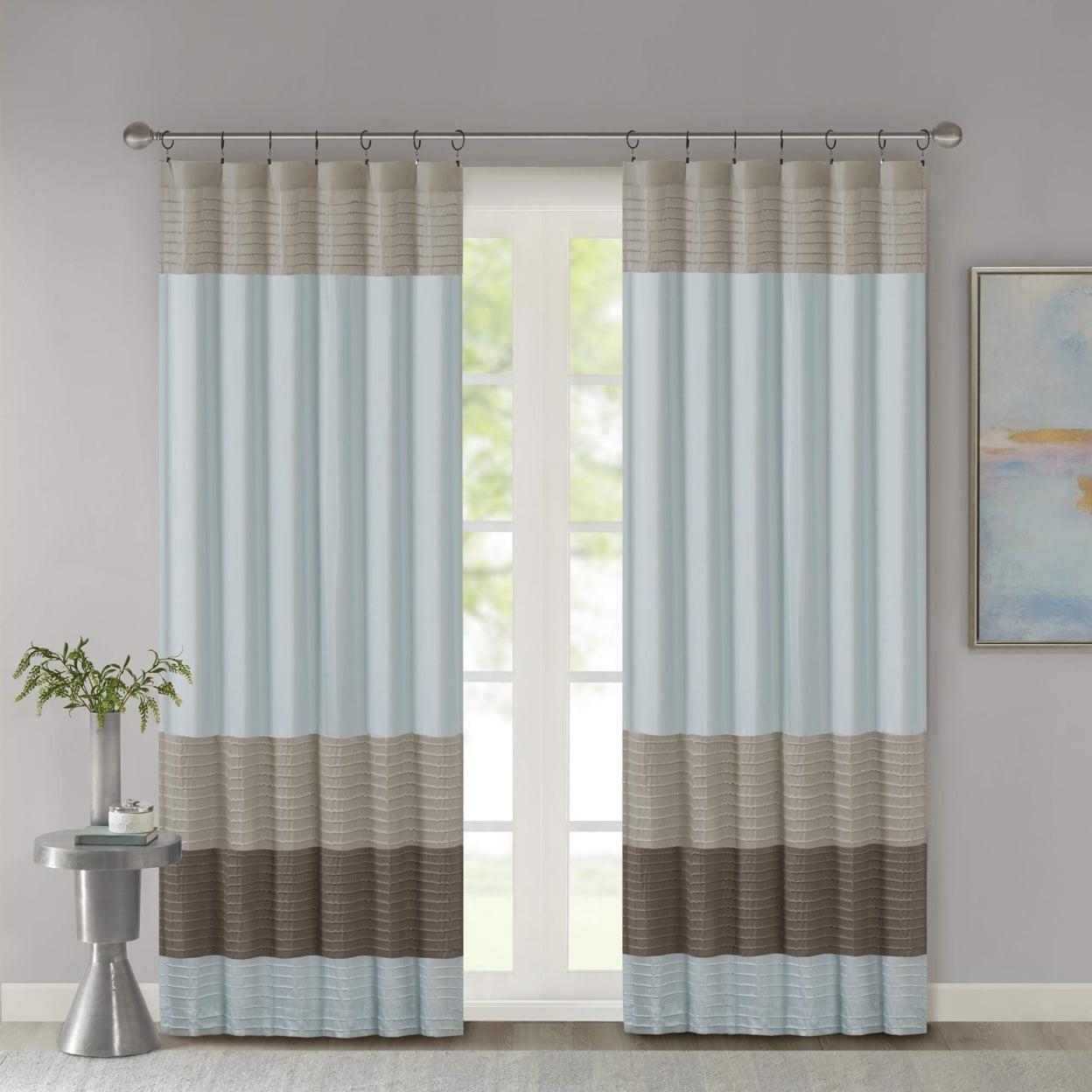 Blue Faux Silk Pintuck Light-Filtering Curtain Panel