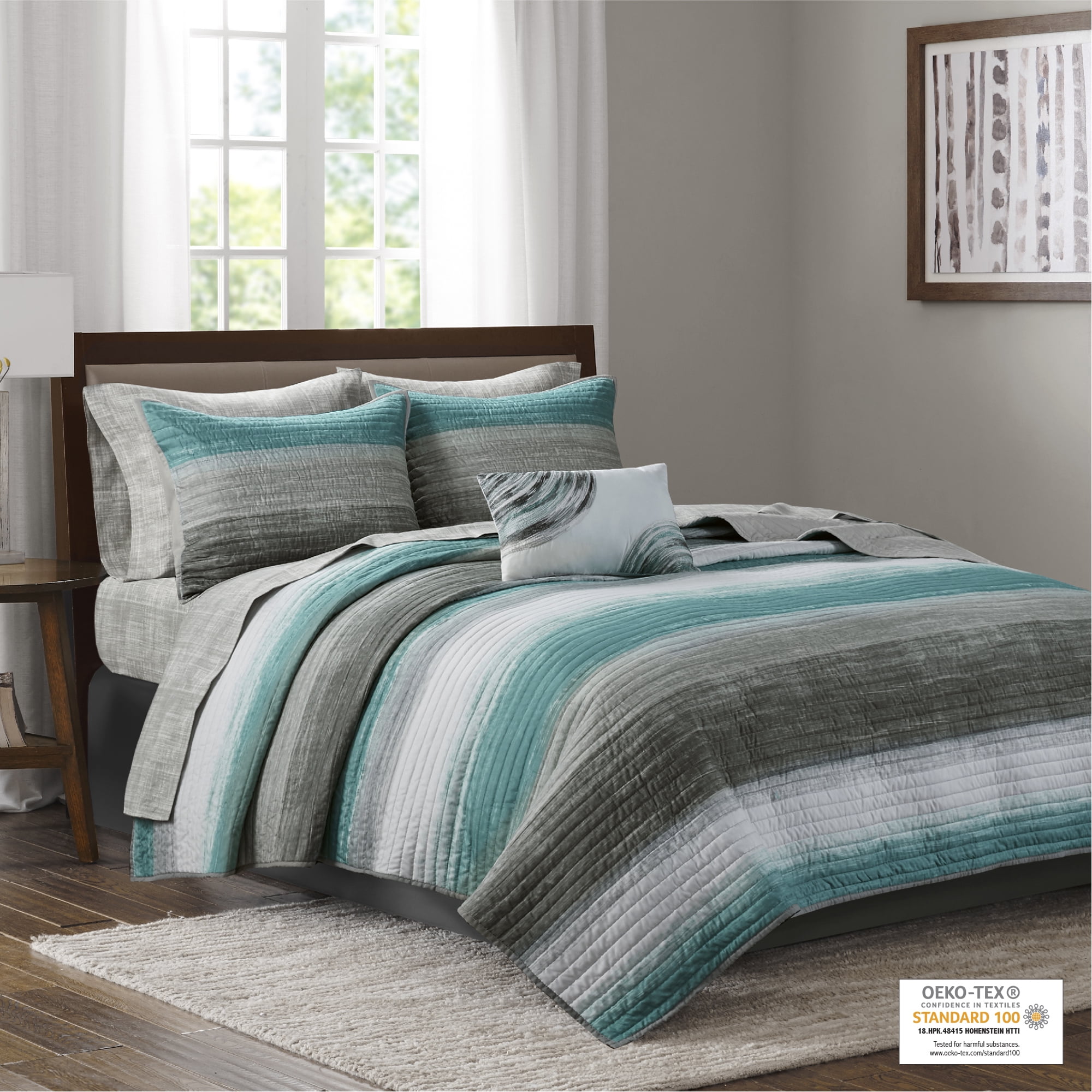 Aqua Queen Microfiber Reversible Coverlet and Sheet Set