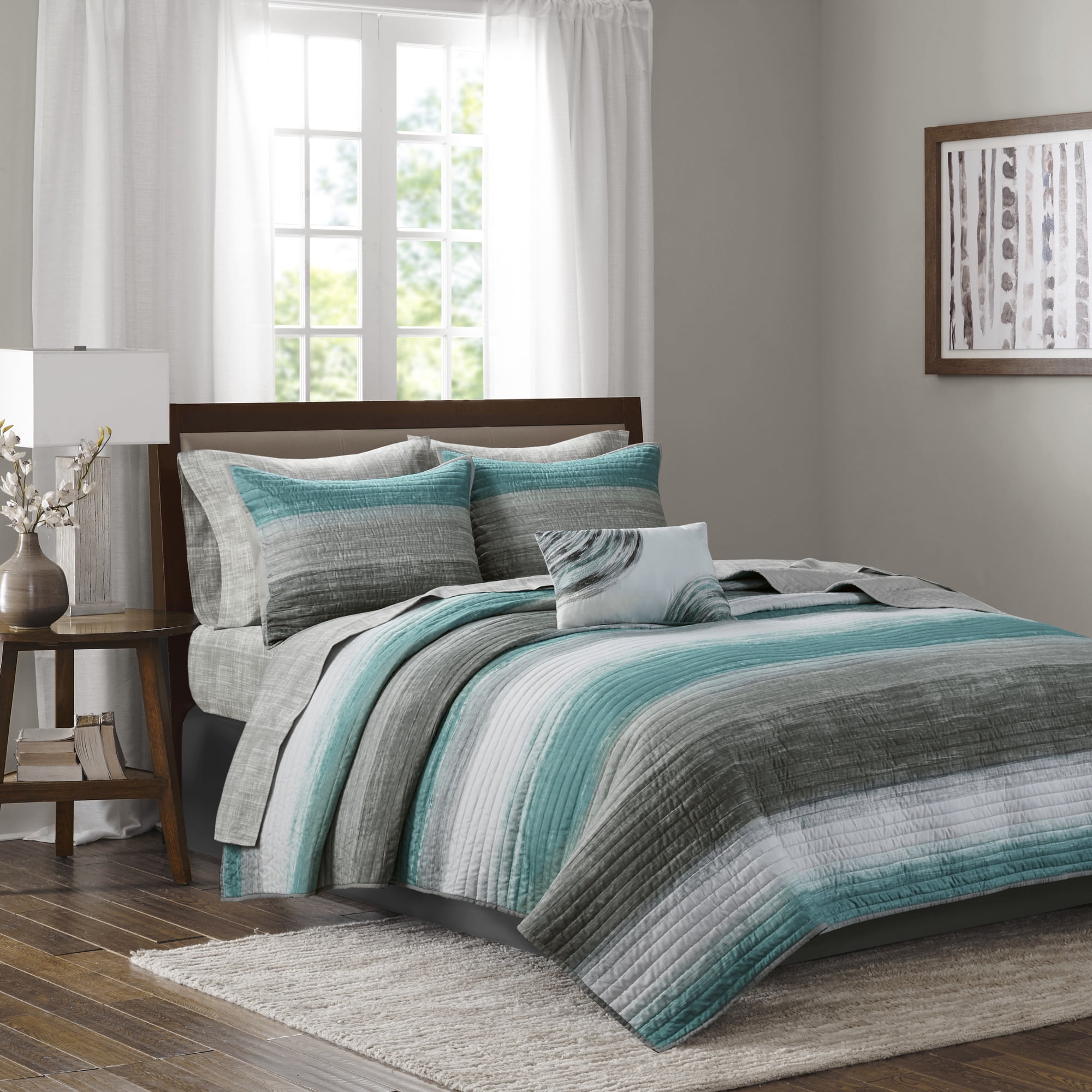 Aqua and Gray Twin Reversible Microfiber Quilt Set