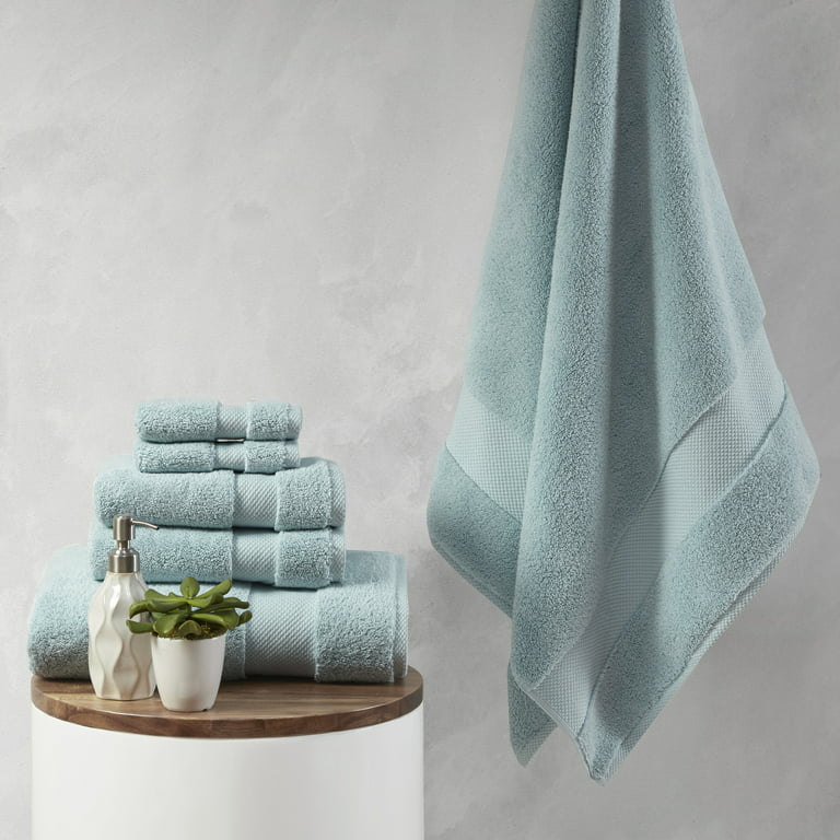 Set of 6 Bath Hand Towels, Decorative White and Blue Chenille