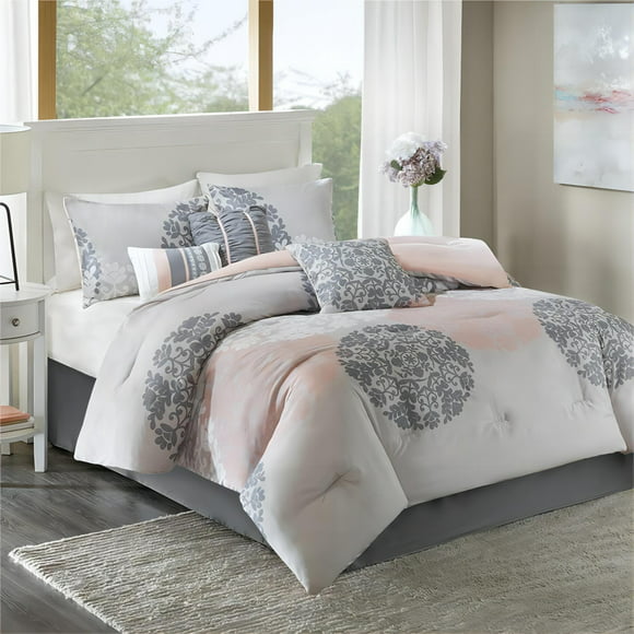 Home Essence Spring 7-Piece Coral Floral Alternative Bedding with Floral Medallion Print King Comforter Set