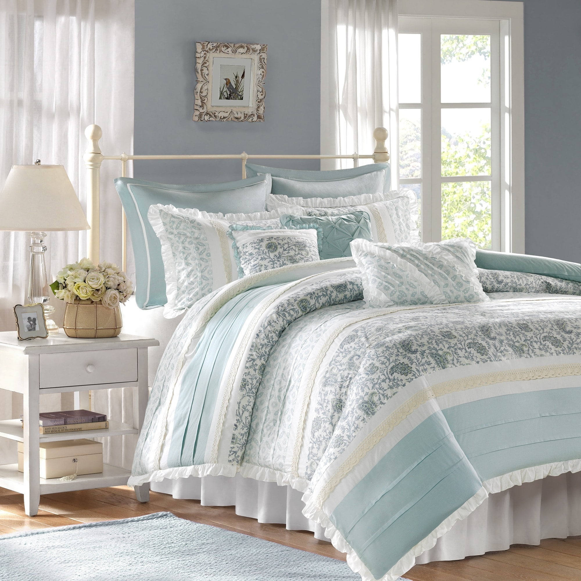 Baby Blue Cotton Pintuck Ruffled California King Duvet Set