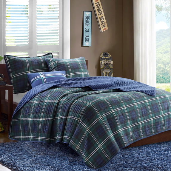 Home Essence Teen Bradley 4 Piece Blue Cotton Filled Quilted Coverlet Set, Full/Queen