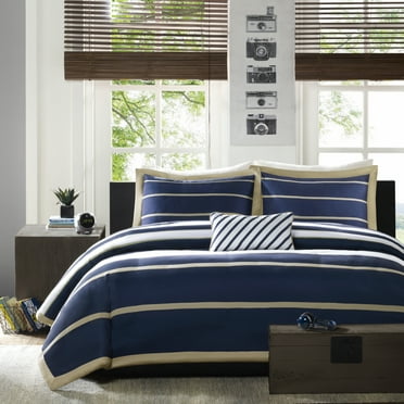 Home Essence Teen Cody Navy/Khaki Stripe 4 Piece Duvet Cover Set, Full/Queen