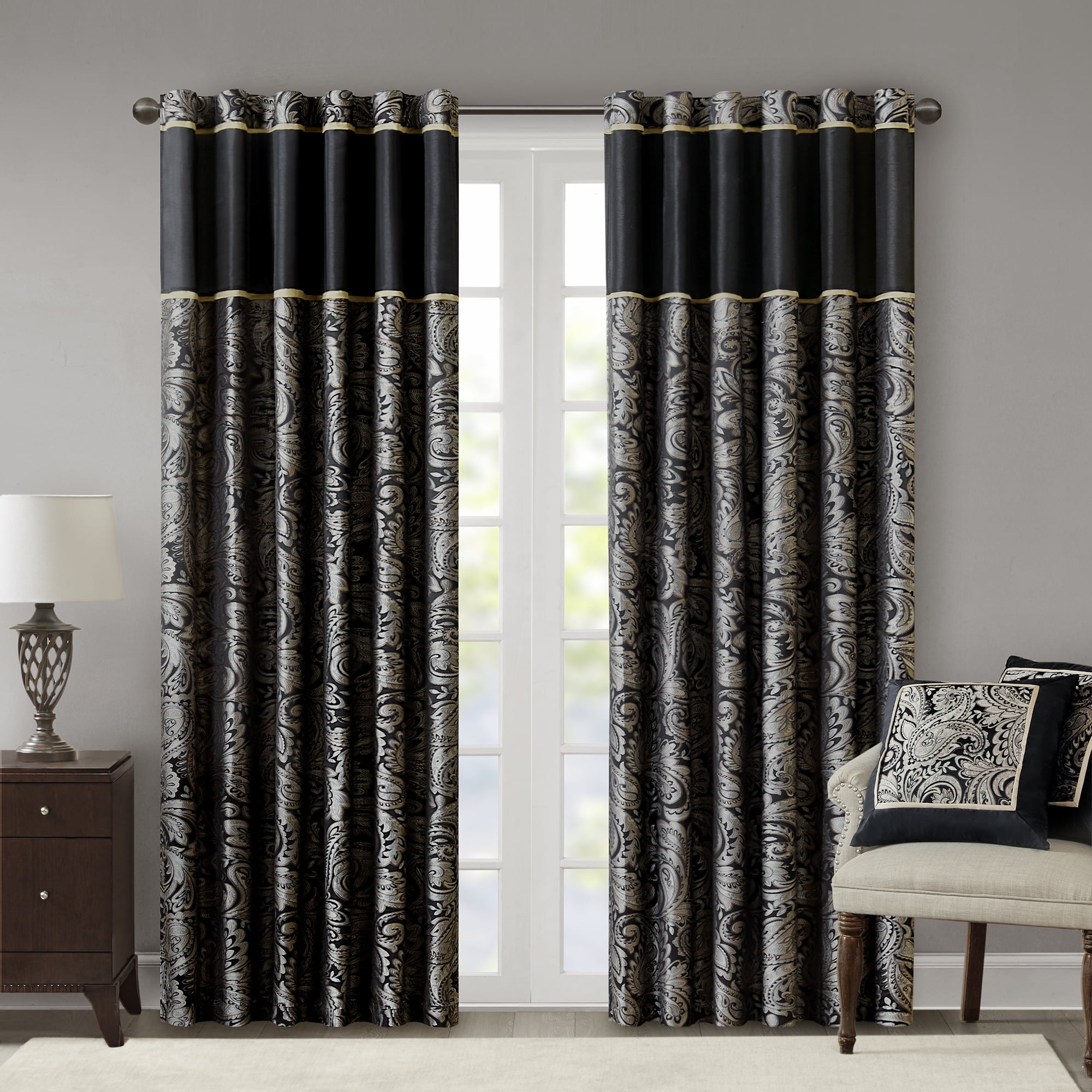 Black Faux Silk Jacquard Light-Filtering Curtain Panel Pair