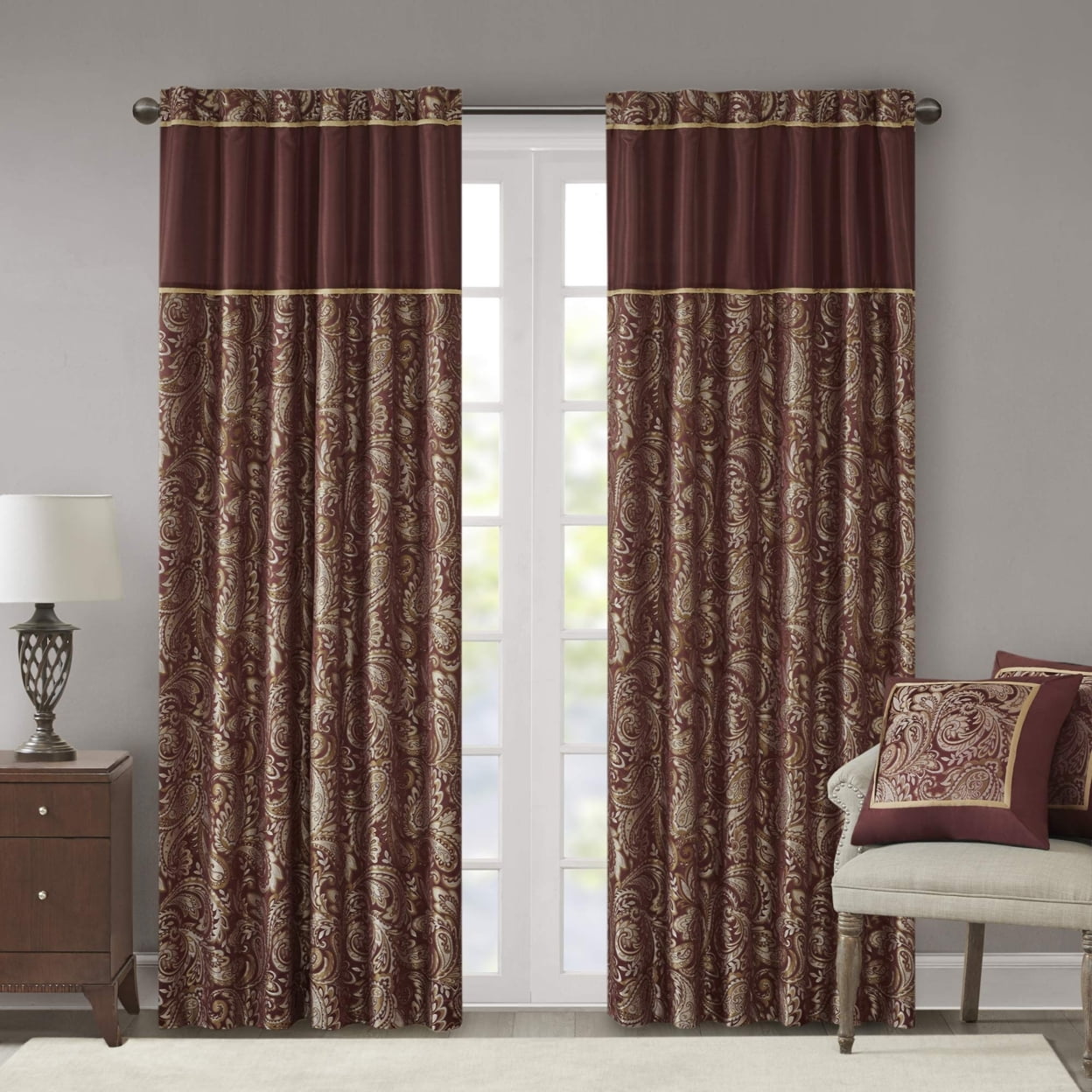 Burgundy Faux Silk Jacquard Light-Filtering Curtain Panel Pair