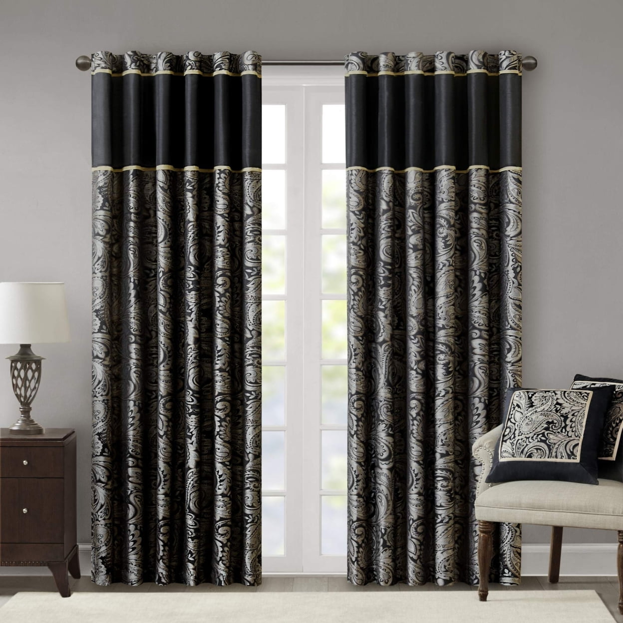 Black Faux Silk Jacquard Light-Filtering Curtain Panel Pair
