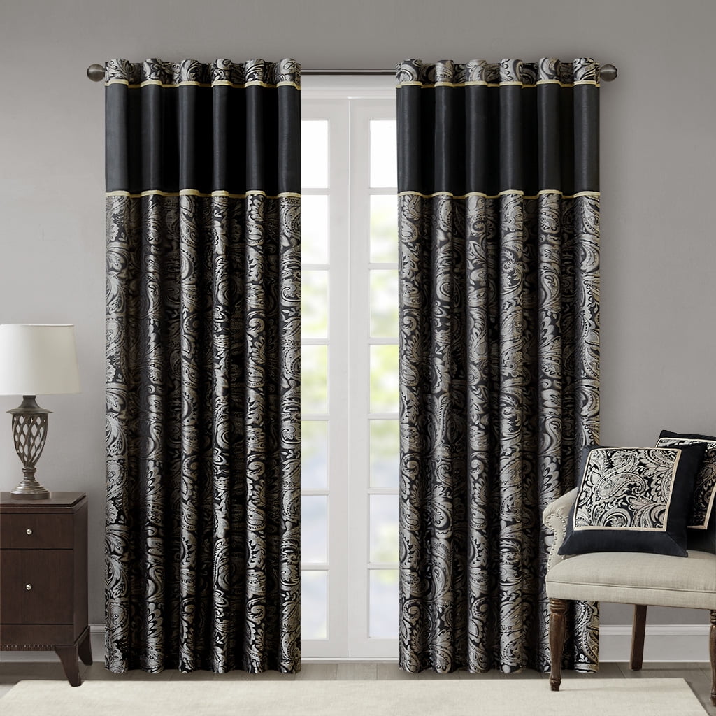 Black Faux Silk Jacquard Light-Filtering Curtain Panel Pair