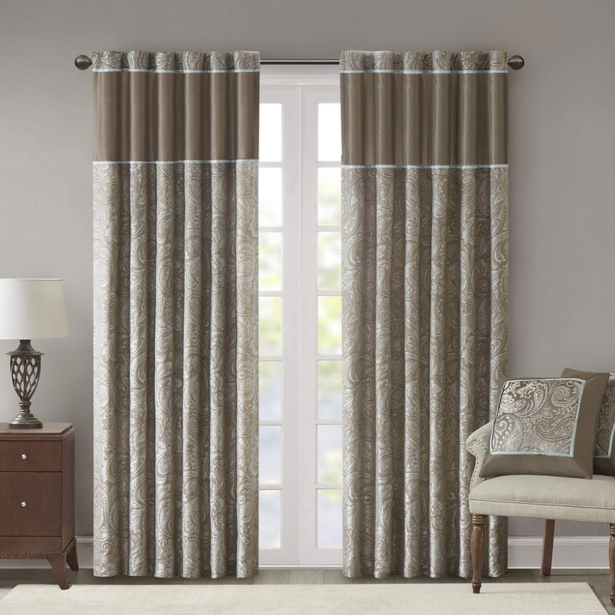 Extended Blue Faux Silk Jacquard Drapes with Trim