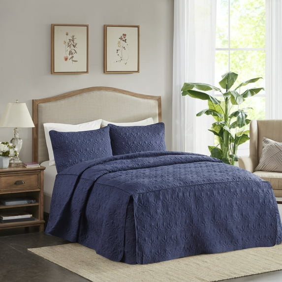 Home Essence Vancouver 3 Piece Fitted Bedspread Set, Queen, Navy
