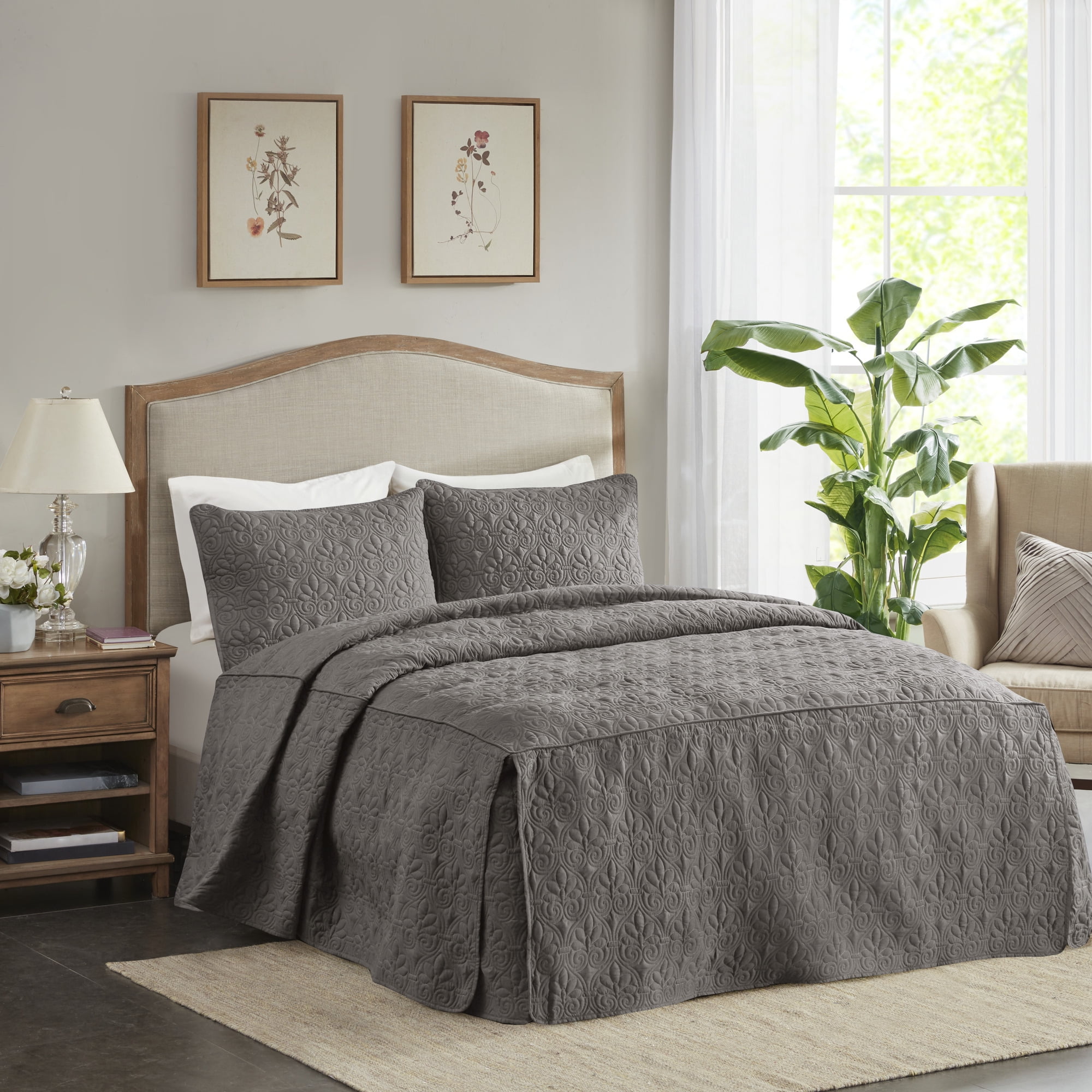 King Dark Grey Microfiber Quilted Bedspread Set